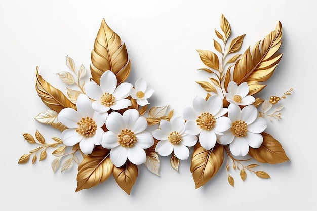 Elegant Border with White Flowers and Gold Leaves on White Background