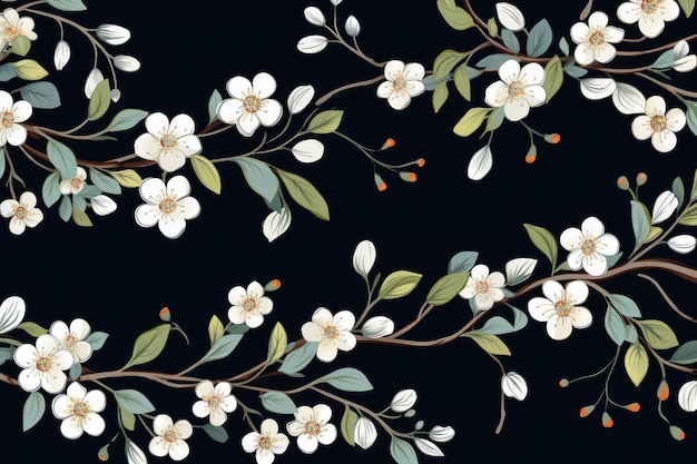 Elegant Botanical Art White Floral Illustration on Black Background Generative AI