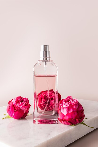 An elegant bottle of womens perfume or eau de toilette stands on a white marble podium among read rosebuds Vertical view A copy space pastel