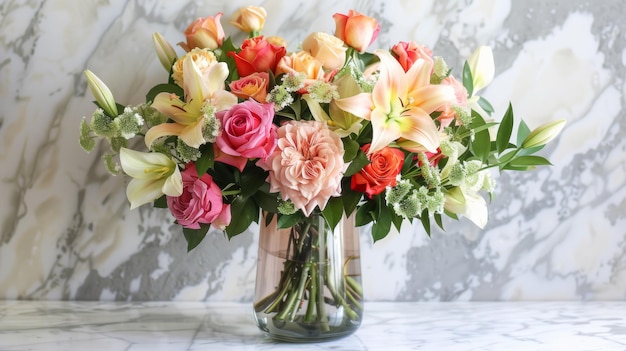 Elegant Bouquet of Roses Lilies and Peonies in Stylish Vase on Marble Counter for Floral Decor