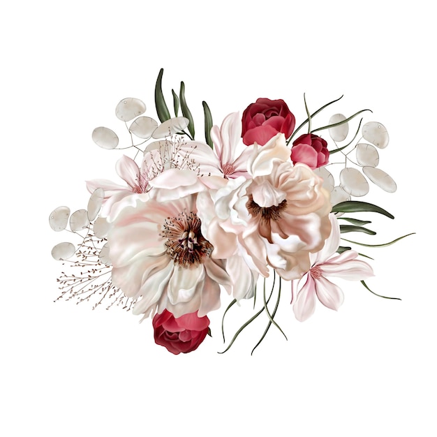 Elegant bouquet with peonies roses and eucalyptus leaves