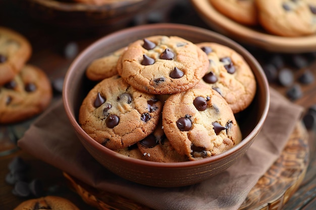 Elegant a bowl of chocolate chip cookies on a brown napkin on a wooden table