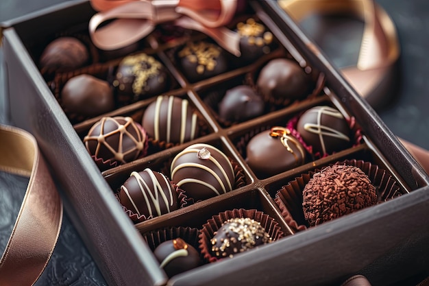 Elegant box of chocolate truffles adorned with a ribbon Generative AI