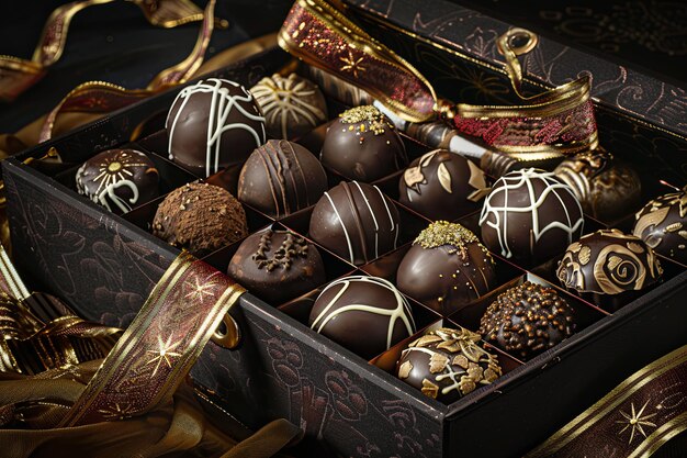 Elegant box of chocolate truffles adorned with rich dark ribbon Generative AI