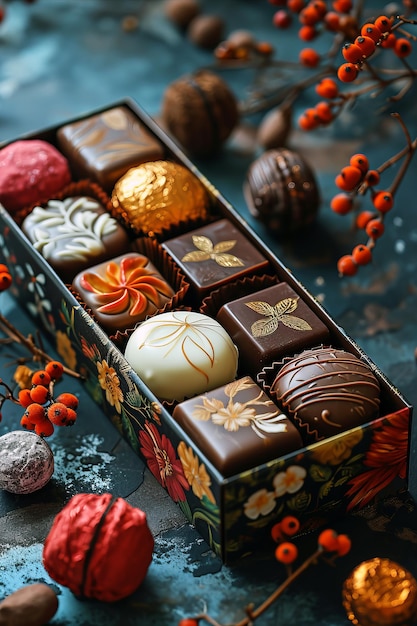 Photo elegant box filled with assorted gourmet chocolates and truffles decorated with festive berries and intricate designs