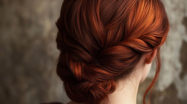 Elegant braided hairstyle on auburn hair against a textured background