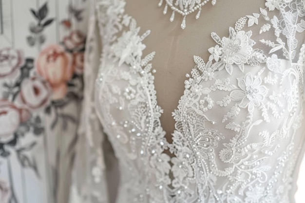 Elegant bridal gown detail with floral lace design