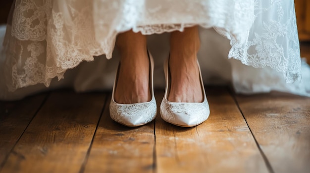 Photo elegant bridal shoes peeking from under a delicate lace wedding dress on a wooden floor in a soft natural light setting