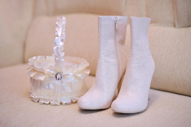 Elegant bridal shoes and wedding attributes