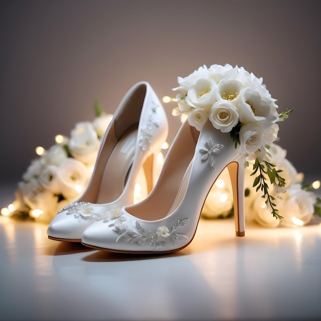 Elegant bridal shoes with flowers and lights