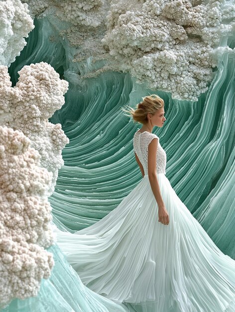 Photo elegant bride in ethereal ocean landscape dreamy fashion photography