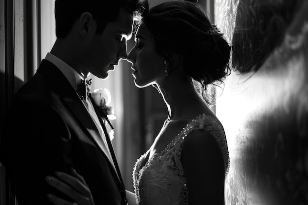 Photo elegant bride and groom embracing in romantic wedding setting