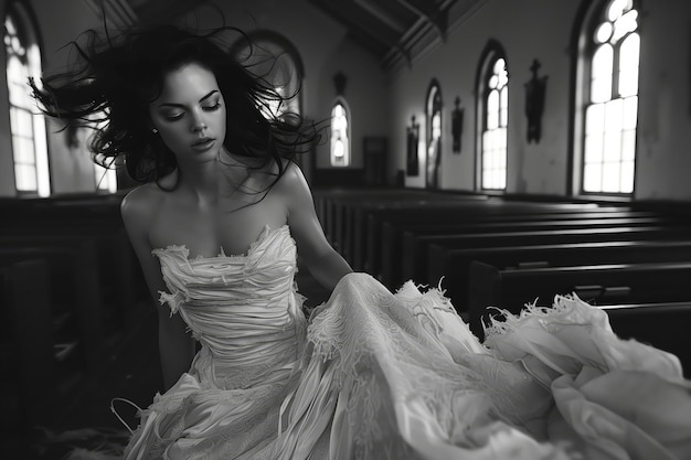 Photo elegant bride sitting contemplatively in church