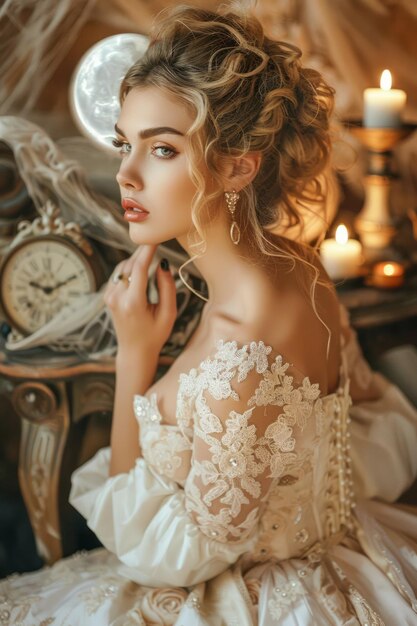 Photo elegant bride in vintage inspired wedding gown with classic hairstyle posing in romantic candlelit