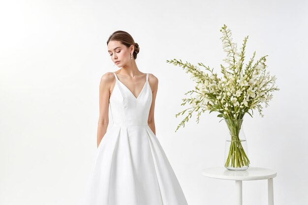 Elegant Bride in White Dress and Bouquet