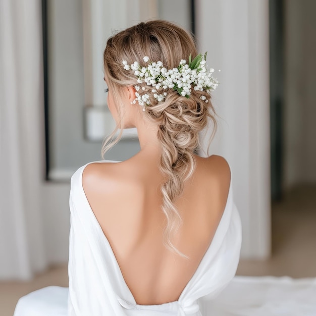 Photo elegant bride with a floral hairpiece showcasing a romantic hairstyle and a stunning backless gown in a serene setting