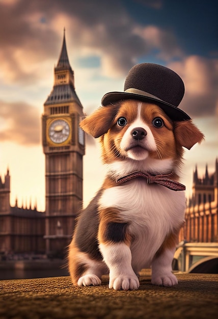 An Elegant British dog in Traditional Dress against the backdrop of a British landmark AI Generated