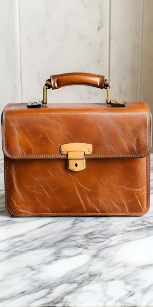 Elegant Brown Leather Briefcase on Marble Surface