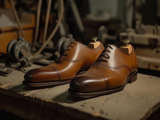 Elegant Brown Leather Dress Shoes on Workbench