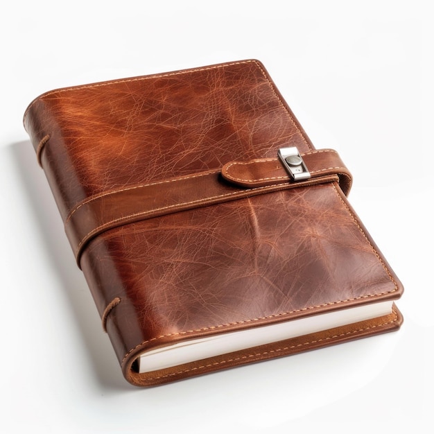 Elegant brown leather journal closed with a secure clasp on a white background