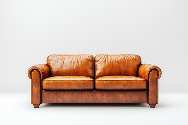 Elegant brown leather sofa with detailed armrests isolated on a white background