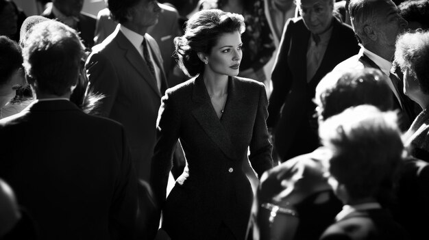 Photo elegant brunette woman walking through a busy crowd in the city