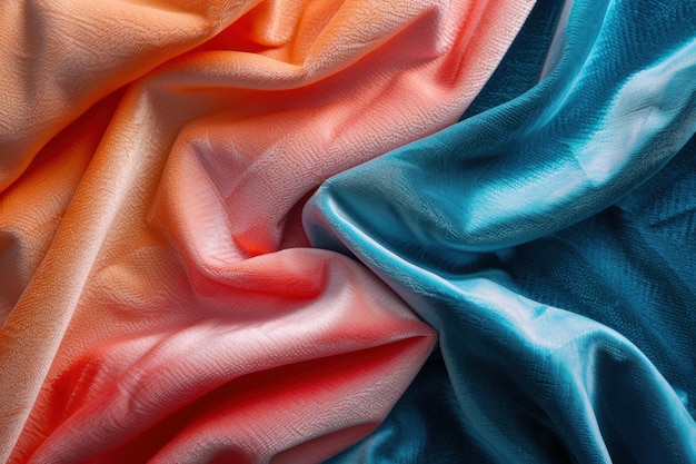 Elegant brushed velvet fabric showcasing a stunning gradient from orange to blue tones