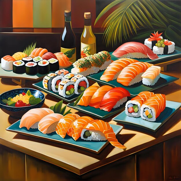 Photo elegant buffet spread of fresh sushi and lush palm tree decor