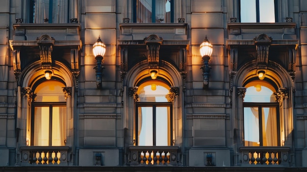 Photo an elegant building facade with three arched windows warmly lit from inside showcasing historical architectural details at dusk