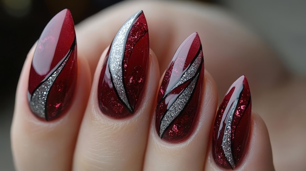 Photo elegant burgundy and silver nail art design