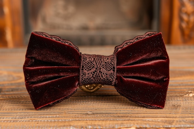 Elegant burgundy velvet bow tie on wooden background