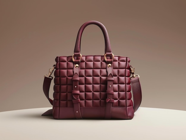 Elegant burgundy woven leather handbag on a pedestal