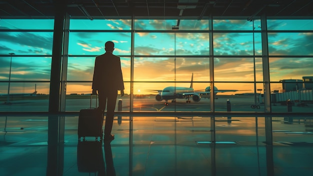 Elegant businessman in suit sitting at the airport lounge waiting patiently for his flight departure