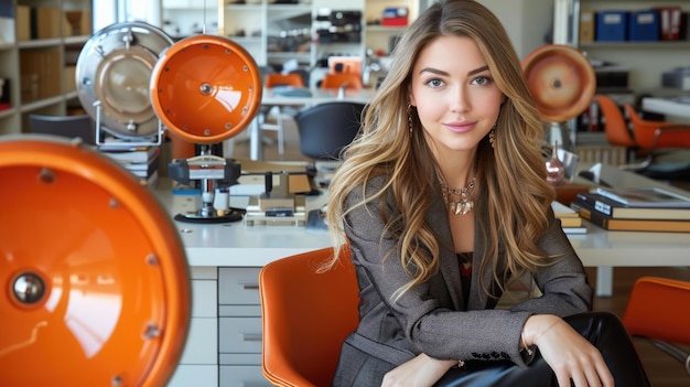 Photo elegant businesswoman in modern office posing at her desk