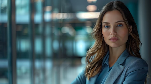 Elegant businesswoman in suit standing in office Confident modern professional brunette