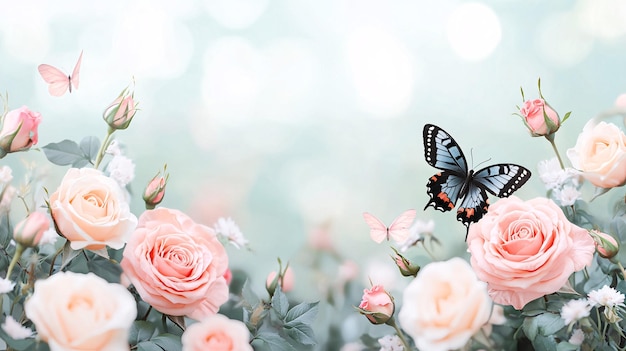 Photo elegant butterflies among soft pink roses and blooms