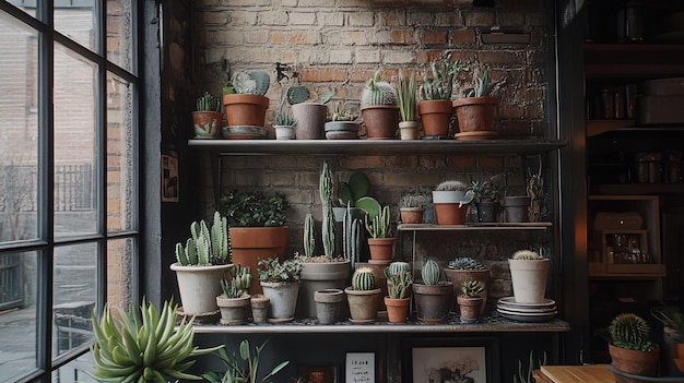 An elegant cafe interior showcases a beautifully curated collection of cactus and succulents display