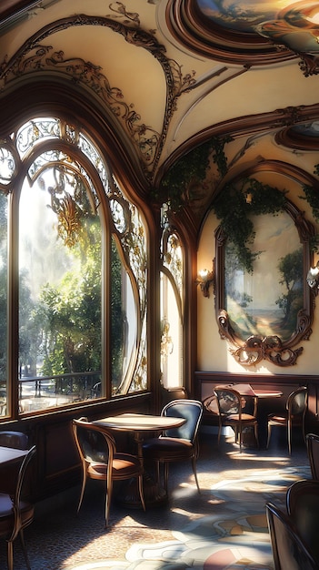 Elegant Cafe Interior with Ornate Windows and Sunbeams