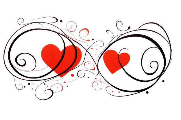 Elegant calligraphic ornament of two swirling red hearts and curly lines on a white background