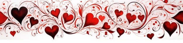 Elegant calligraphic pattern of swirling red hearts and curly lines on a white background