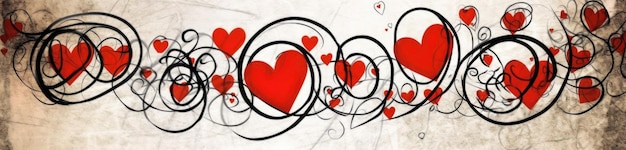 Elegant calligraphic pattern of swirling red hearts and curly lines on a white background