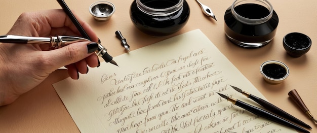 Photo elegant calligraphy set with ink pot and various nibs for creative lettering