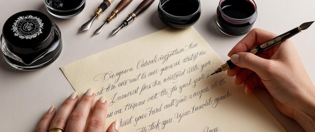 Photo elegant calligraphy set with ink pot and various nibs for creative lettering