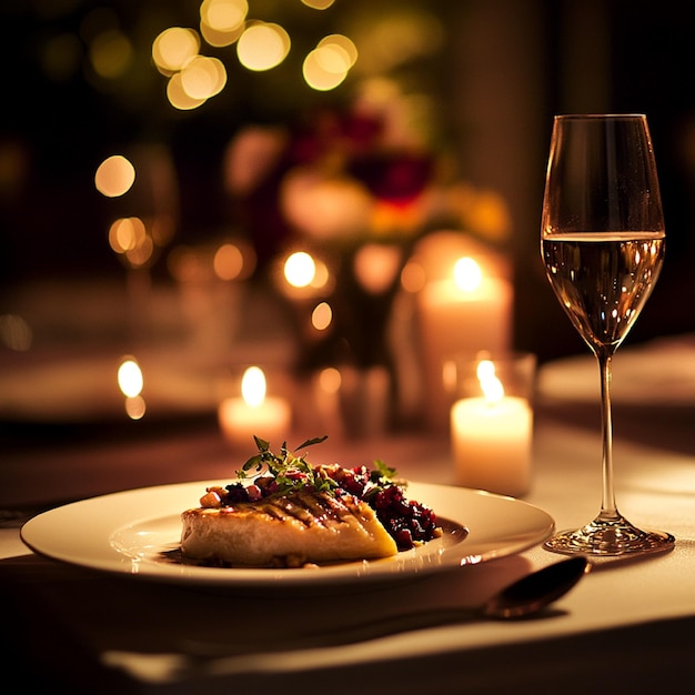 Elegant Candlelit Dinner with Wine and Gourmet Dish