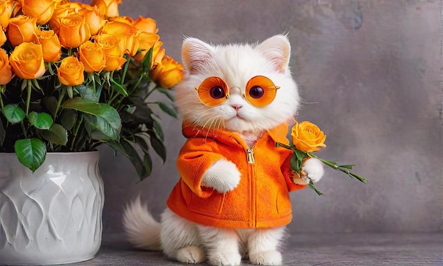 Elegant Cat with Sunglasses and Roses