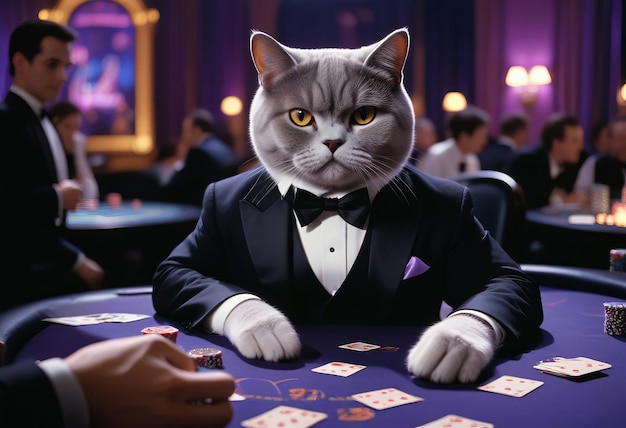 Elegant cats in tuxedos and purple glasses play poker in a casino A funny and stylish