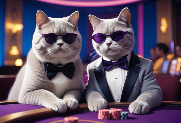 Elegant cats in tuxedos and purple glasses play poker in a casino A funny and stylish