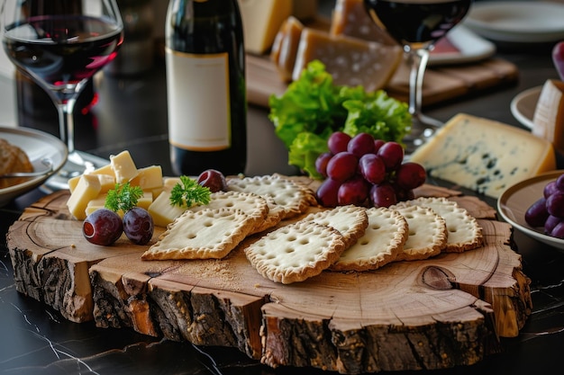 Photo elegant cheese and wine platter with grapes and crackers on a rustic wooden board at a gathering