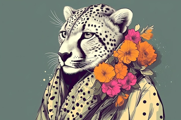 Elegant cheetah wearing scarf with flowers on a colored background Generative AI