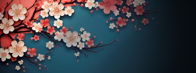 Elegant cherry blossoms on blue background Chinese style artistic spring time background